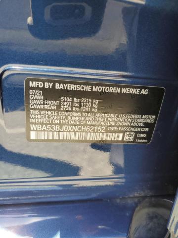 WBA53BJ0XNCH62152 - 2022 BMW 540 I BLUE photo 12