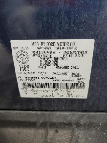 1FM5K8F87GGA02207 - 2016 FORD EXPLORER LIMITED BLUE photo 13