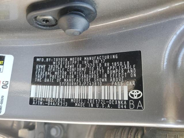 5YFBURHEXJP743810 - 2018 TOYOTA COROLLA L თაფლისფერი ფოტო 12