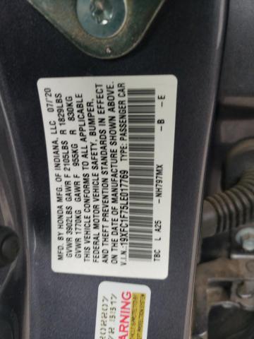 19XFC1F75LE017769 - 2020 HONDA CIVIC EXL GRAY photo 12