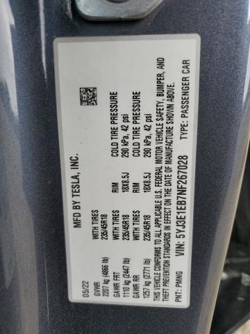 5YJ3E1EB7NF267028 - 2022 TESLA MODEL 3 შავი ფოტო 12