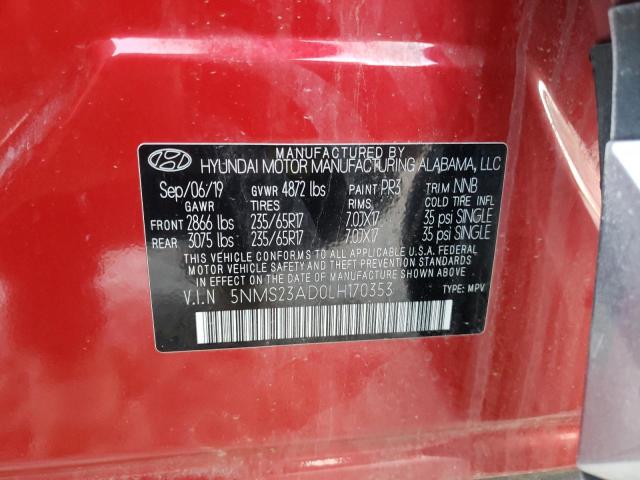 5NMS23AD0LH170353 - 2020 HYUNDAI SANTA FE SE RED photo 10