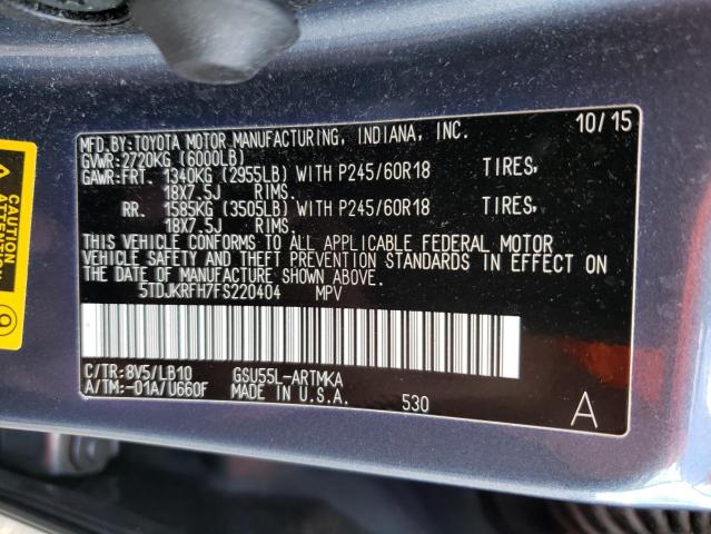 5TDJKRFH7FS220404 - 2015 TOYOTA HIGHLANDER XLE BLUE photo 14