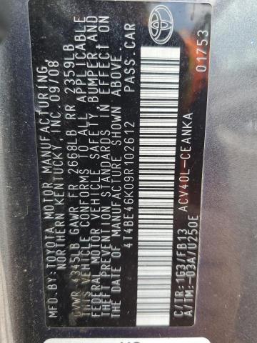 4T4BE46K09R102612 - 2009 TOYOTA CAMRY BASE GRAY photo 12