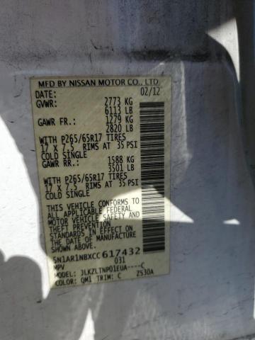 5N1AR1NBXCC617432 - 2012 NISSAN PATHFINDER S WHITE photo 12