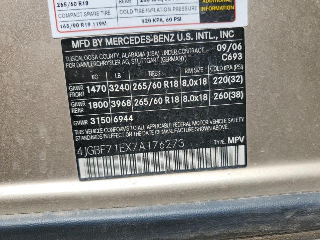 4JGBF71EX7A176273 - 2007 MERCEDES-BENZ GL 450 4MATIC TAN photo 12