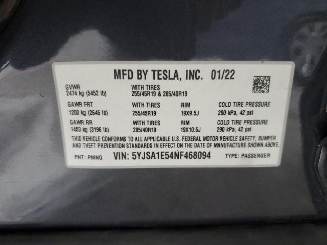 5YJSA1E54NF468094 - 2022 TESLA MODEL S GRAY photo 12