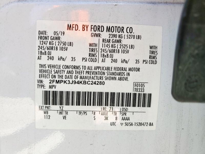 2FMPK3J94KBC24280 - 2019 FORD EDGE SEL WHITE photo 14
