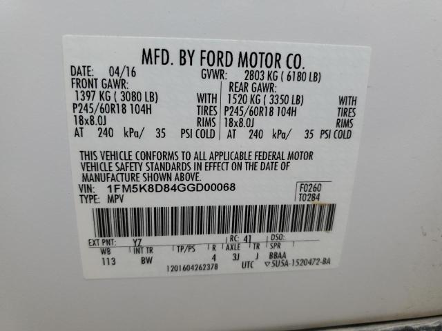 1FM5K8D84GGD00068 - 2016 FORD EXPLORER XLT WHITE photo 13