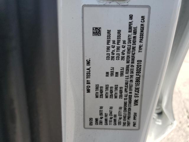 5YJ3E1EB6LF802010 - 2020 TESLA MODEL 3 WHITE photo 14