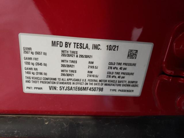5YJSA1E66MF450798 - 2021 TESLA MODEL S RED photo 12