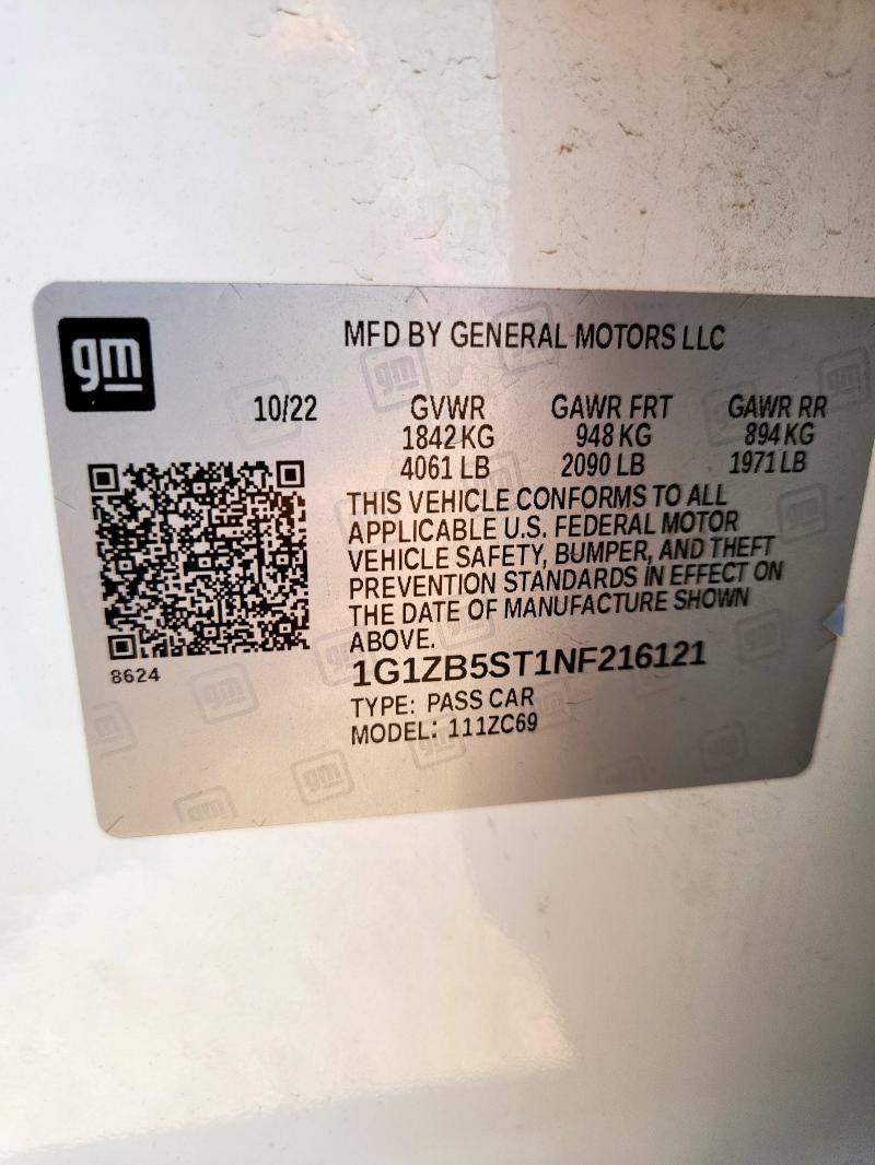 1G1ZB5ST1NF216121 - 2022 CHEVROLET MALIBU LS Weiß Foto 12