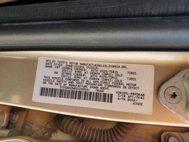 5TEGN92N83Z280641 - 2003 TOYOTA TACOMA DOUBLE CAB PRERUNNER GOLD photo 12