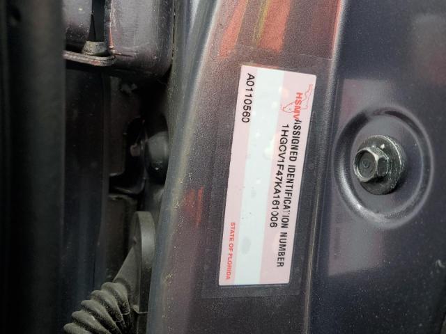 1HGCV1F47KA161006 - 2019 HONDA ACCORD EX ნაცრისფერი ფოტო 12