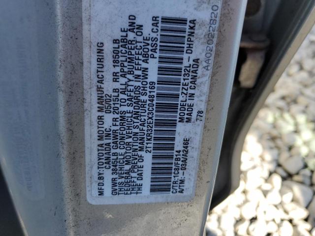 2T1KR32EX3C048169 - 2003 TOYOTA COROLLA MA XR SILVER photo 12