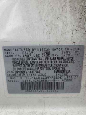 3N1CN8FV7LL807786 - 2020 NISSAN VERSA SR WHITE photo 12