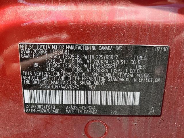 2T3BF4DVXAW070543 - 2010 TOYOTA RAV4 RED photo 12