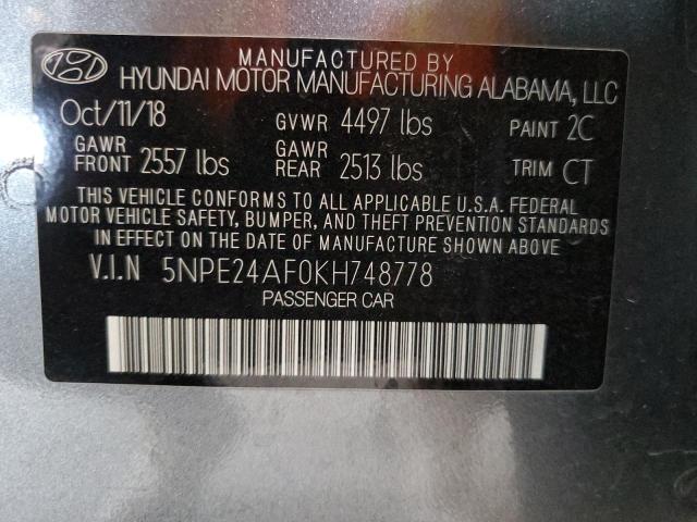 5NPE24AF0KH748778 - 2019 HYUNDAI SONATA SE ნაცრისფერი ფოტო 12