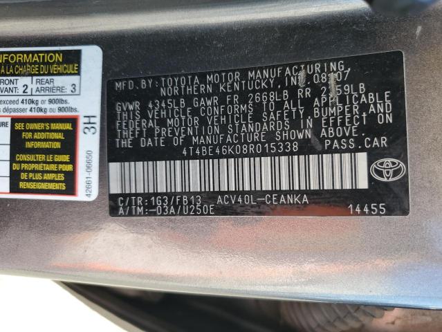 4T4BE46K08R015338 - 2008 TOYOTA CAMRY CE GRAY photo 12