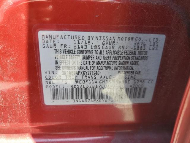 3N1AB7APXKY271940 - 2019 NISSAN SENTRA S RED photo 13