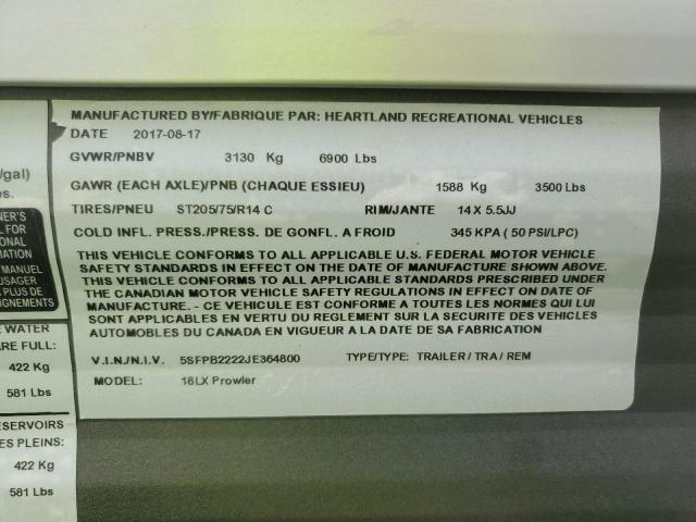 5SFPB2222JE364800 - 2018 HEART LAND PROWLER 灰色 照片 9