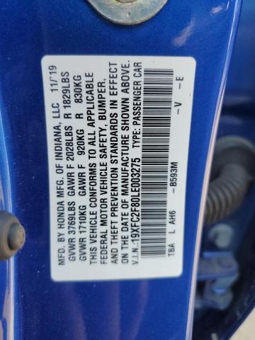 19XFC2F80LE003275 - 2020 HONDA CIVIC SPORT 蓝色 照片 12