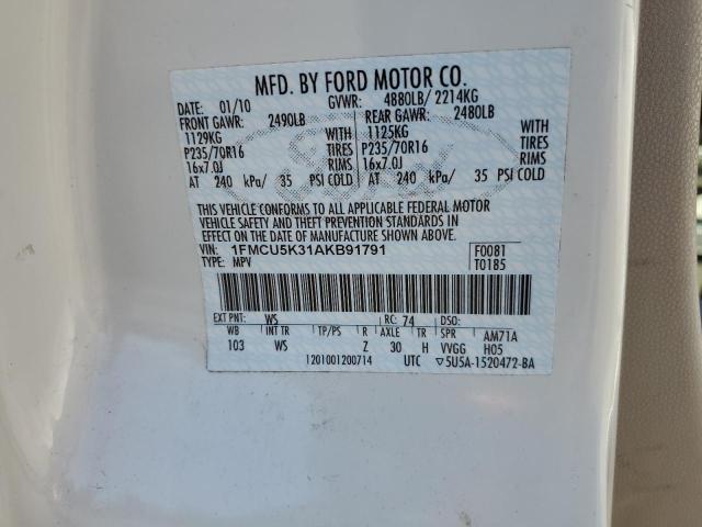 1FMCU5K31AKB91791 - 2010 FORD ESCAPE HYBRID WHITE photo 12