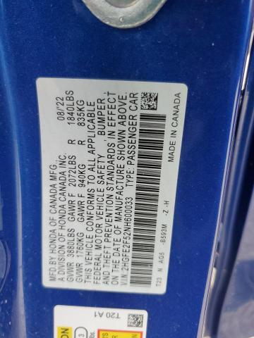 2HGFE2F52NH600033 - 2022 HONDA CIVIC SPORT 蓝色 照片 12