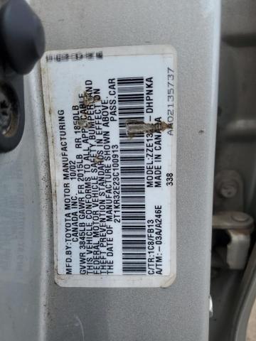 2T1KR32E23C100913 - 2003 TOYOTA COROLLA MA XR SILVER photo 12