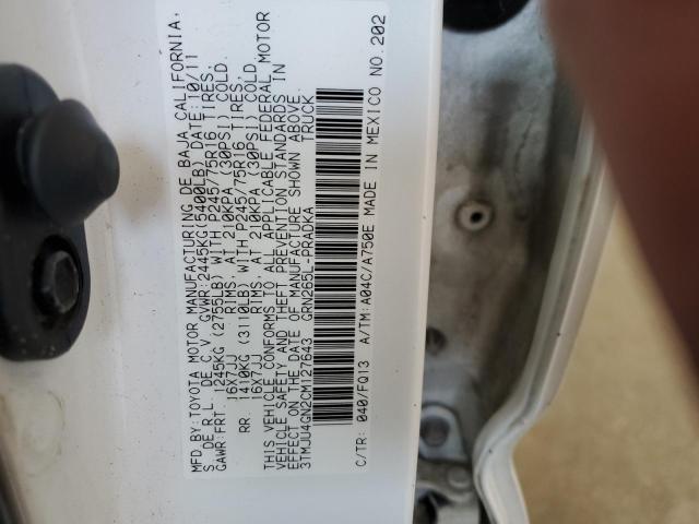 3TMJU4GN2CM127643 - 2012 TOYOTA TACOMA DOUBLE CAB PRERUNNER WHITE photo 12