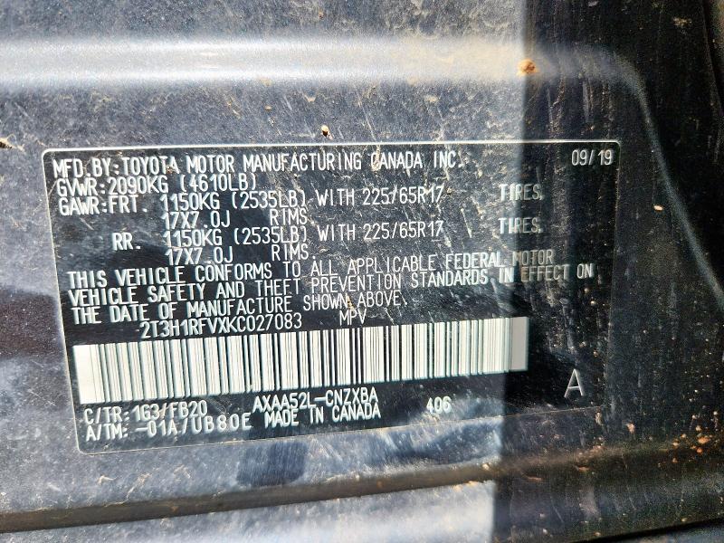 2T3H1RFVXKC027083 - 2019 TOYOTA RAV4 LE CHARCOAL photo 13