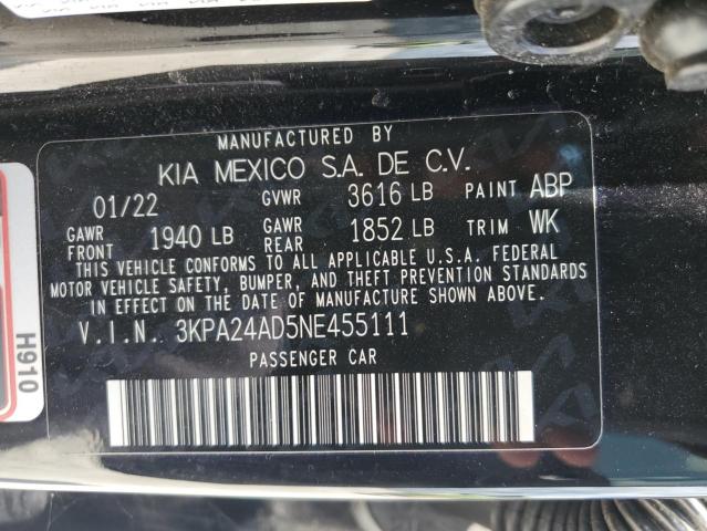 3KPA24AD5NE455111 - 2022 KIA RIO LX BLACK photo 12