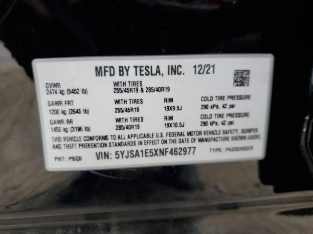 5YJSA1E5XNF462977 - 2022 TESLA MODEL S BLACK photo 13