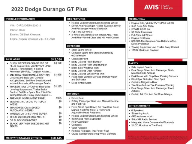 1C4RDJDG0NC220012 - 2022 DODGE DURANGO GT BLACK photo 13