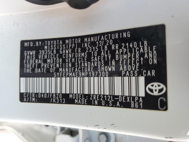 5YFEPMAE9MP197300 - 2021 TOYOTA COROLLA LE WHITE photo 12