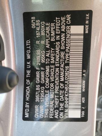 SHHFK7H51JU228216 - 2018 HONDA CIVIC EX SILVER photo 12