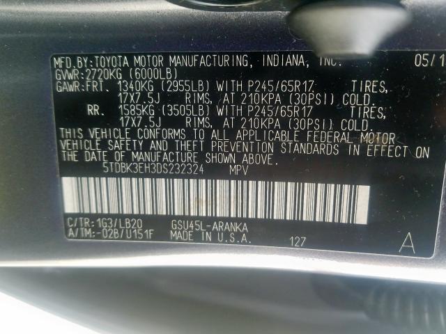 5TDBK3EH3DS232324 - 2013 TOYOTA HIGHLANDER BASE  صورة 10