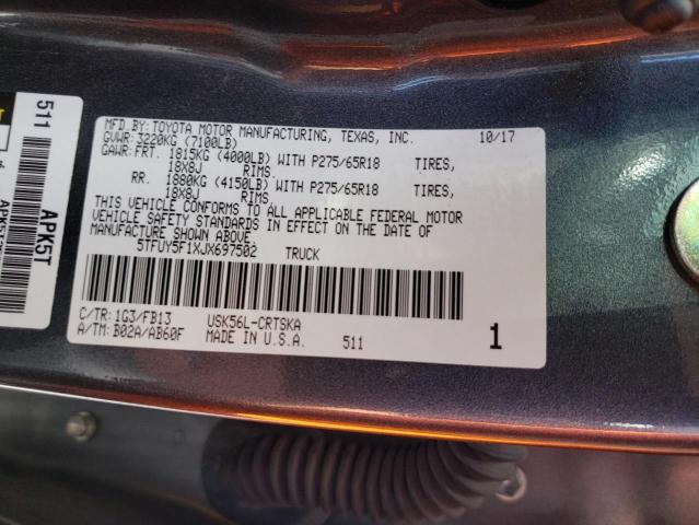 5TFUY5F1XJX697502 - 2018 TOYOTA TUNDRA DOUBLE CAB SR/SR5 GRAY photo 12