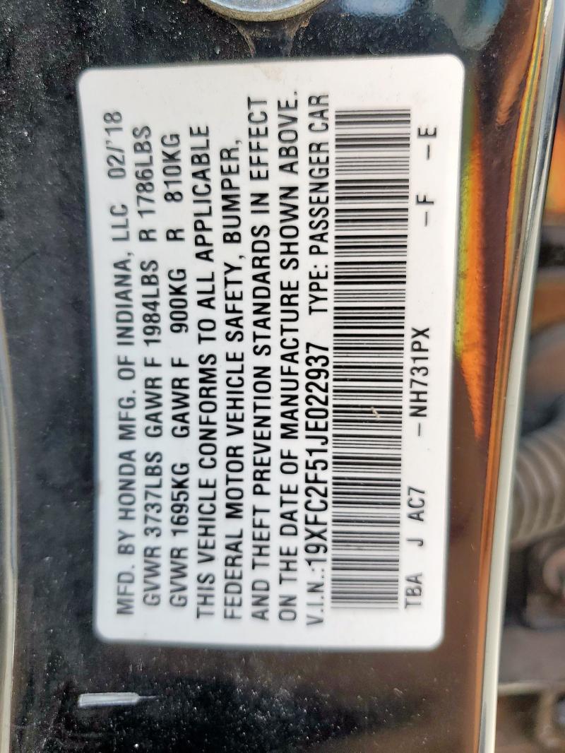 19XFC2F51JE022937 - 2018 HONDA CIVIC LX BLACK photo 12