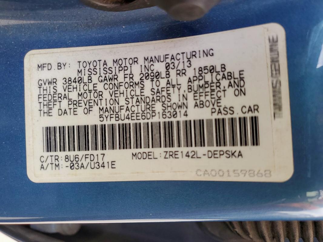 5YFBU4EE6DP163014 - 2013 TOYOTA COROLLA BASE 蓝色 照片 13