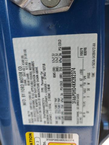 3FA6P0HD4KR282374 - 2019 FORD FUSION SE BLUE photo 12