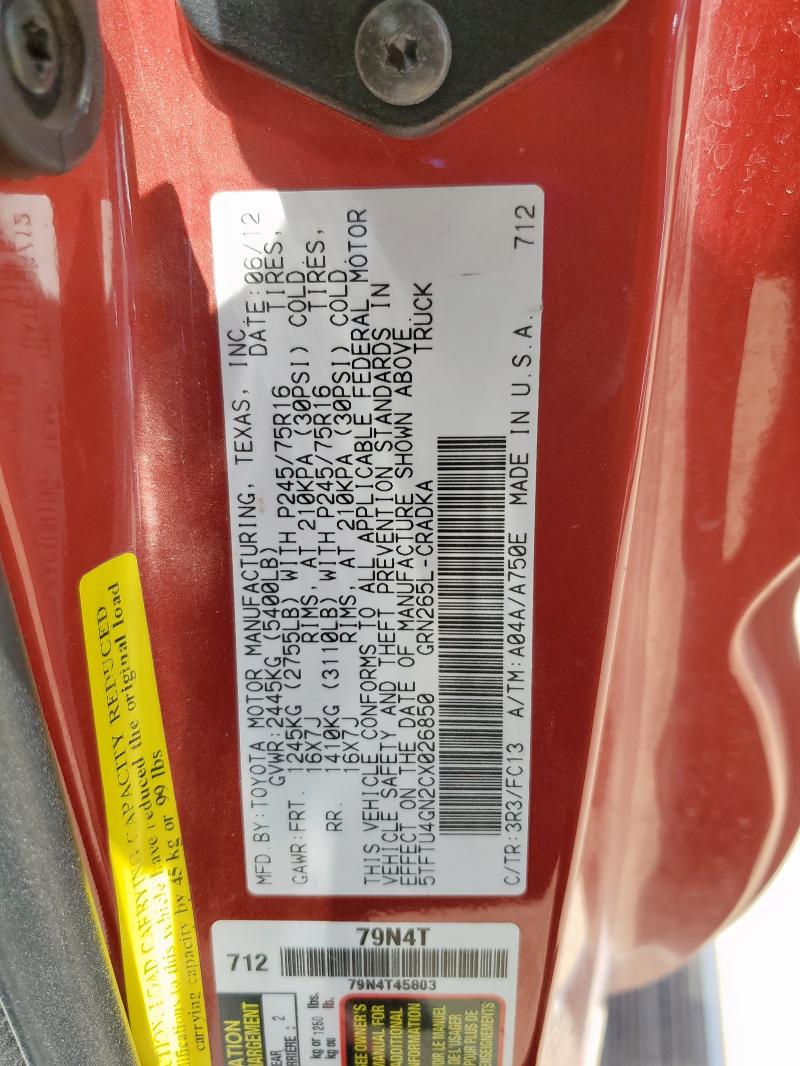 5TFTU4GN2CX026850 - 2012 TOYOTA TACOMA PRERUNNER ACCESS CAB RED photo 12