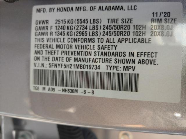 5FNYF5H21MB019734 - 2021 HONDA PILOT SE BLUE photo 10