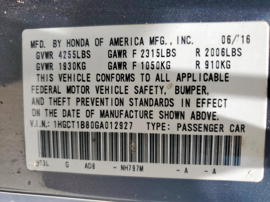 1HGCT1B80GA012927 - 2016 HONDA ACCORD EXL GRAY photo 12