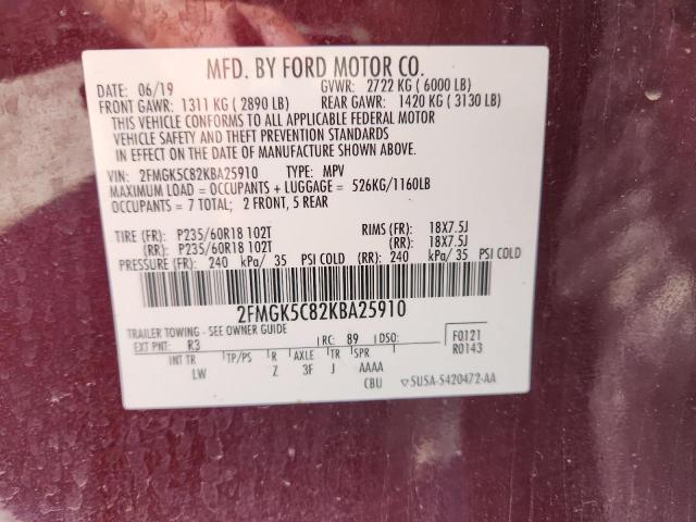 2FMGK5C82KBA25910 - 2019 FORD FLEX SEL Tünd qırmızı foto 13