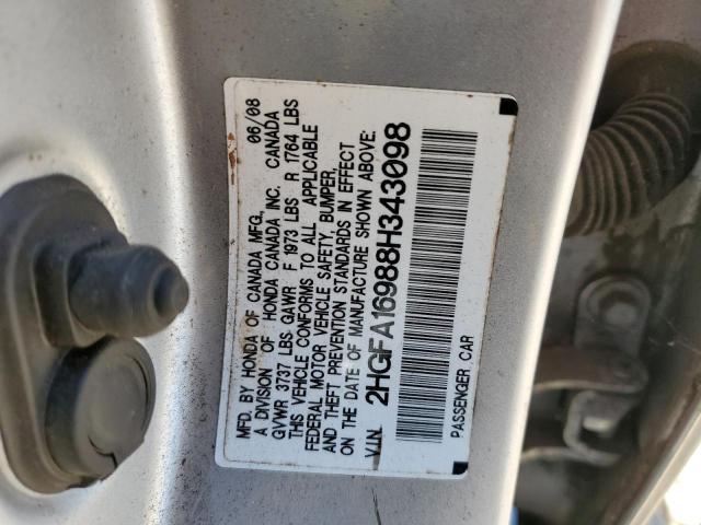 2HGFA16988H343098 - 2008 HONDA CIVIC EXL ვერცხლისფერი ფოტო 12