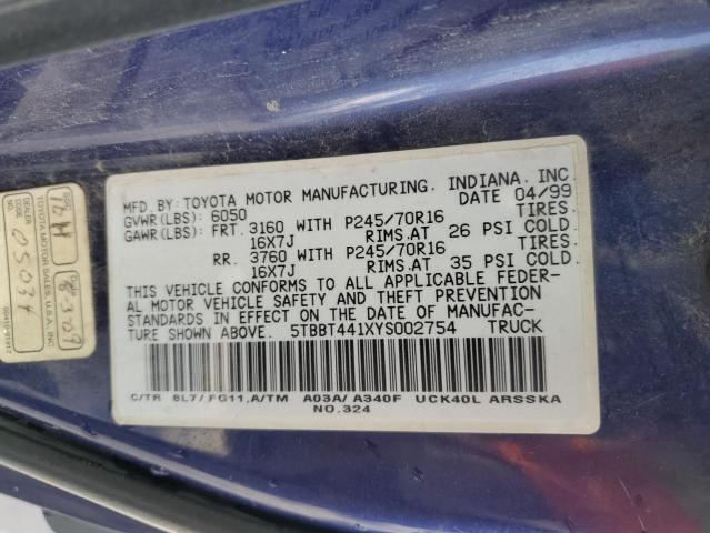 5TBBT441XYS002754 - 2000 TOYOTA TUNDRA ACCESS CAB ლურჯი ფოტო 12