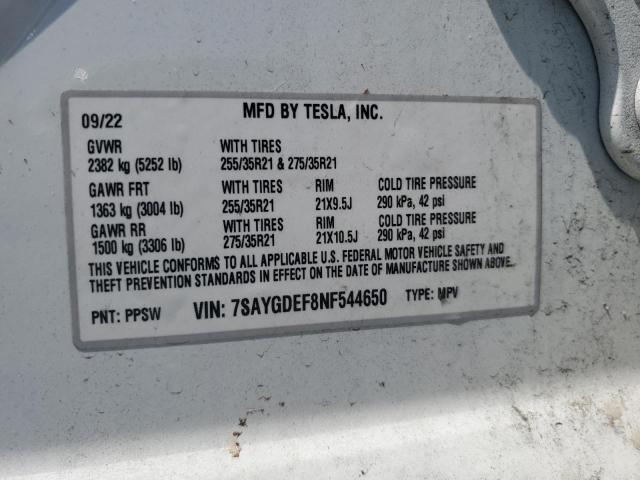 7SAYGDEF8NF544650 - 2022 TESLA MODEL Y 白色 照片 12