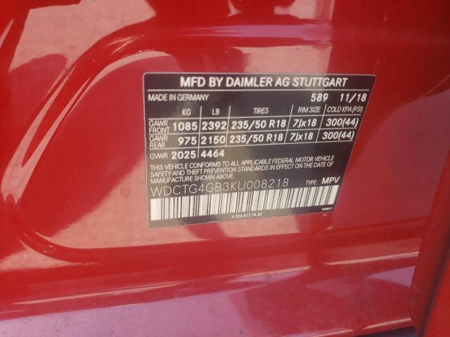 WDCTG4GB3KU008218 - 2019 MERCEDES-BENZ GLA 250 4MATIC RED photo 14