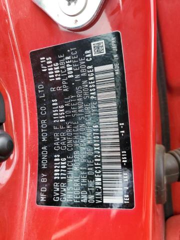 JHMFC1F82JX013716 - 2018 HONDA CIVIC EX RED photo 12